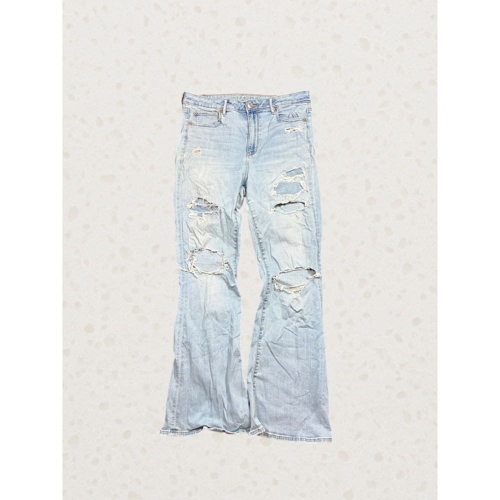 American Eagle Super Hi-Rise Flare Distressed Light Wash Jeans Size 10 Regular